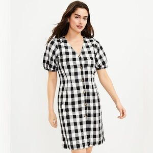 Loft Gingham Button Down V-Neck Bubble Sleeve Lined Holiday Dress, Black size 8